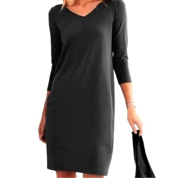 Eileen Fisher Blue Viscose-Jersey Three Quarter Sleeve V Neck Shift Dress, M - Picture 1 of 7